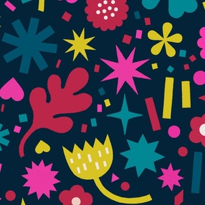 Bright bold floral and geometric shapes (Dark Blue) - Large