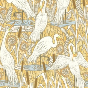 Custom request - Watching cranes gold - medium scale 12" fabric