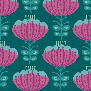 Mid Mod Blossoms in Berry on Teal - XL