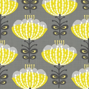 Mid Mod Blossoms in Yellow on Gray - XL