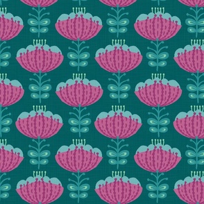 Mid Mod Blossoms in Berry on Teal - Large