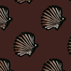 Moody Beach Seashell Symphony: Minimalistic Coastal Elegance Repeating Seamless Fabric Pattern with Hand-Painted Black Ink Brush Ocean Shells in Beige Brown Watercolor on Solid Unicolor Dark Brown Red Block Repeat Pattern Design for Home Décor, Wallpaper,
