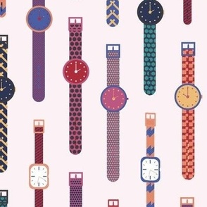 591 - Large scale 80s iconic Swiss Watches -  Time Travel Back to the 80s - retro funky colorful watch pattern in pink, red, teal, blue and yellow, for home decor, cute kids apparel, coat lining and patchwork colorful  with polka dots, lattice, pretty str