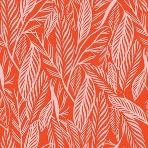 Medium - Pink leaves on Orange, tropical leaves texture pattern