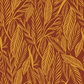 Medium - Mustard leaves on Terracotta, tropical leaves texture pattern