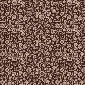 Folk Art Flowers in delicate beige  tone on a dark oak brown background