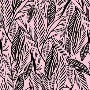 Medium - Black on baby Pink, tropical leaves texture pattern