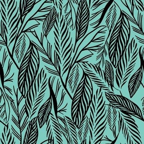 Medium - Black on Mint, tropical leaves texture pattern