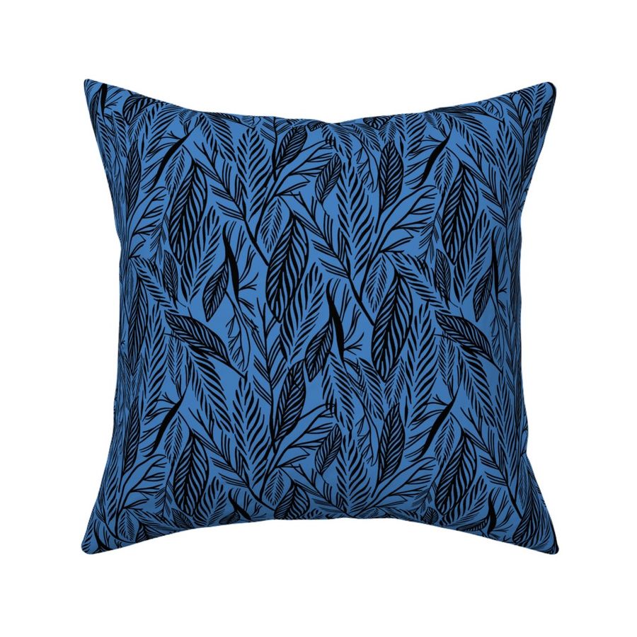 Medium - Black on Blue, tropical leaves texture pattern