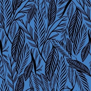 Medium - Black on Blue, tropical leaves texture pattern