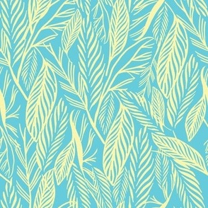 Medium - yellow leaves on Turquoise, tropical leaves texture pattern