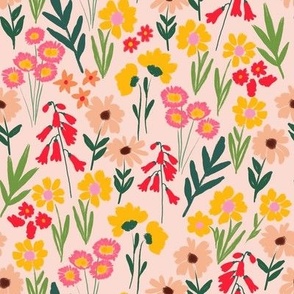 02 Happy Florals in Warm Yellow and Coral Pink Large Scale