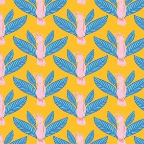 Small - Cockatoo Jungle Queen - Tropical Paradise Bird pattern design yellow background