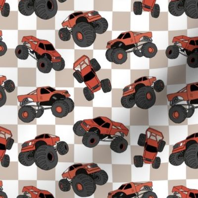 Monster trucks on checker - Cool cars design in vintage palette on checkerboard seventies pattern stone red on tan