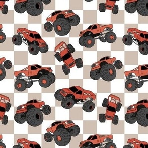 Monster trucks on checker - Cool cars design in vintage palette on checkerboard seventies pattern stone red on tan