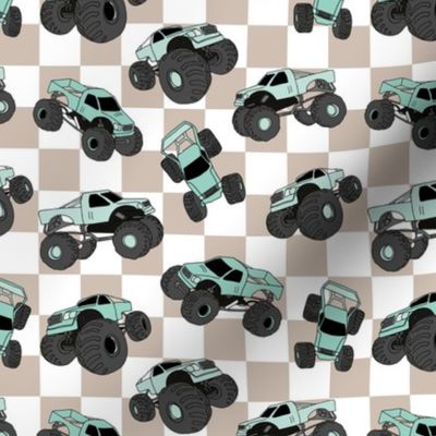 Monster trucks on checker - Cool cars design in vintage palette on checkerboard seventies pattern soft teal turquoise on tan