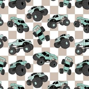 Monster trucks on checker - Cool cars design in vintage palette on checkerboard seventies pattern soft teal turquoise on tan