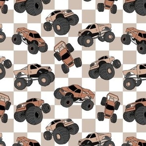 Monster trucks on checker - Cool cars design in vintage palette on checkerboard seventies pattern rust beige white