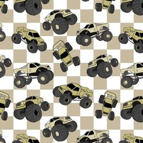 Monster trucks on checker - Cool cars design in vintage palette on checkerboard seventies pattern beige mist green