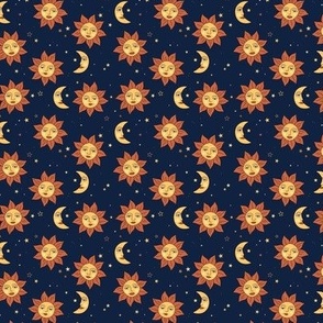 Nineties moon and sun modernist faces - mystic universe theme vintage style freehand illustration rust yellow on navy blue night SMALL 