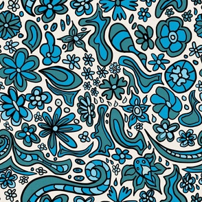 Ocean blues and teal scattered, tossed handdrawn abstract whimiscal flowers