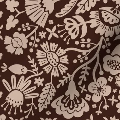 Symmetrical floral folk art pattern in  sand tone on a  dark oak background