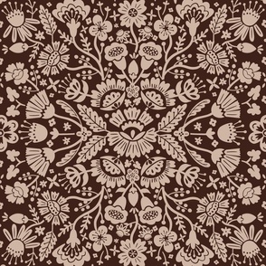 Symmetrical floral folk art pattern in  sand tone on a  dark oak background