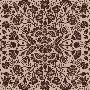 Symmetrical floral folk art pattern in dark oak on a sand tone background