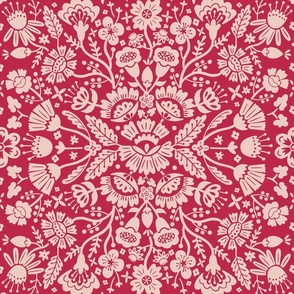 Symmetrical floral folk art pattern in dusty pink on a viva magenta background