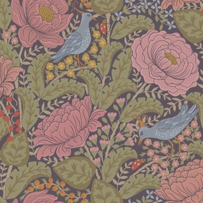 Peony & Birds - Pink, Green - Large Scale