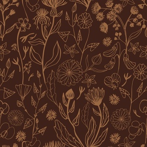 Romantic hand drawn blooms in earth tone on a dark oak brown background 