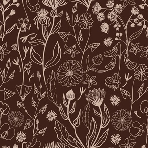 Romantic hand drawn blooms in sand tone on a dark oak brown background 