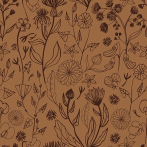 Romantic hand drawn blooms in saddle brown tone on a earth brown background 