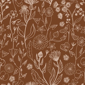 Romantic hand drawn blooms in sand tone on a saddle brown background 