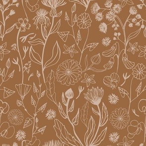 Romantic hand drawn blooms in light earth tone on a brown background 
