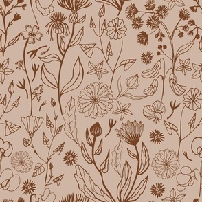 Romantic hand drawn flowers in a saddle brown tone on a sand background 