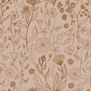 Romantic hand drawn blooms in earth tone on a sand background 