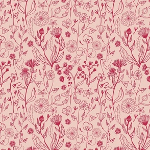 Romantic hand drawn blooms in viva megenta on a pastel pink background