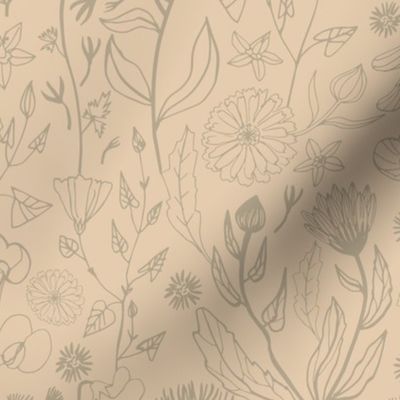 Romantic hand drawn floral pattern on a pastel beige background