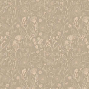Romantic hand drawn floral pattern on a muted beige background