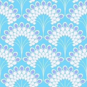 blue and white  trees, scalloped geometric layout for wallpaper