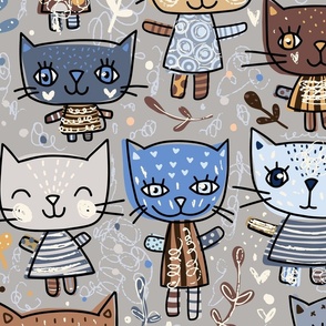 Cute  cats in blue, brown, beige and gray