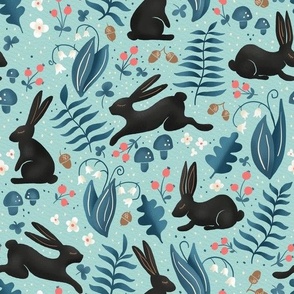 black bunnies on aqua | rabbits in the forest, woodland collection | nursery decor, kids apparel