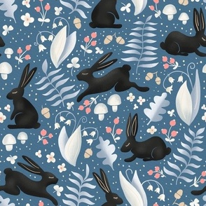 black bunnies on blue | rabbits in the forest, woodland collection | nursery decor, kids apparel