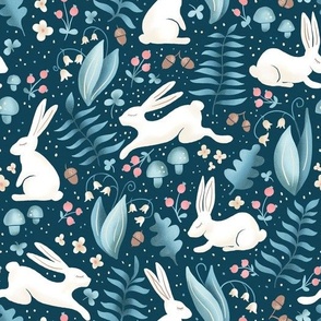 white rabbits on teal blue| rabbits in the forest, woodland collection | nursery decor, kids apparel