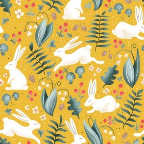 white bunnies on mustard yellow| rabbits in the forest, woodland collection | nursery decor, kids apparel