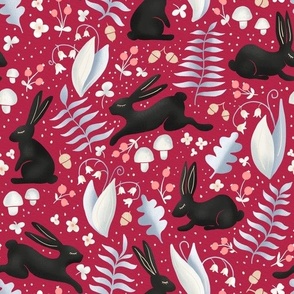 black bunnies on viva magenta | rabbits in the forest, woodland collection | nursery decor, kids apparel