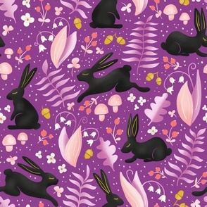 black rabbits on magical purple | rabbits in the forest, woodland collection | nursery decor, kids apparel
