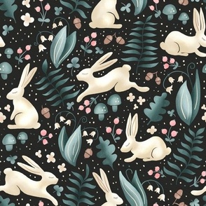 cute bunnies on dark background | rabbits in the forest, woodland collection | nursery decor, kids apparel 