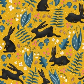 black bunnies on mustard yellow | rabbits in the forest, woodland collection | nursery decor, kids apparel